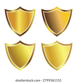 A set of four golden shield icons in different shades, each with a white outline and a subtle gradient effect, isolated on white background