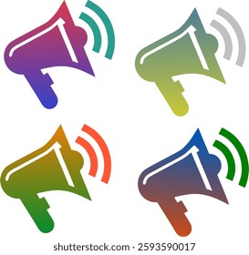 A set of four gradient megaphone icons in various colors with sound waves. A visual representation of communication, alerts, and warnings