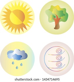Set of four gradient round icons with sun, tree, cloud with raindrops and rainbow wind, vector graphics, vector illustration