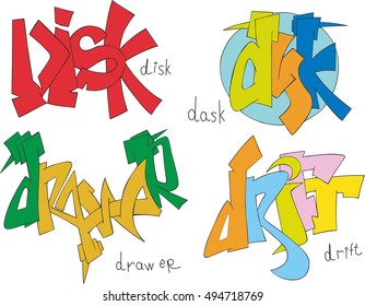 Set of four graffiti sketches - disk, dask, drawer and drift