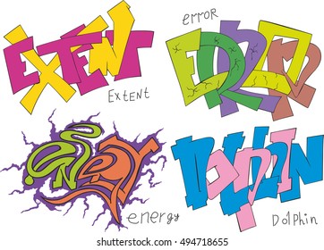 Set of four graffiti sketches - extent, error, energy and dolphin