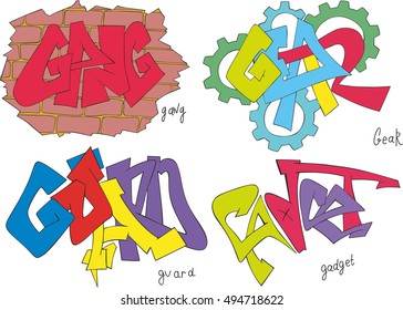 Set of four graffiti sketches - gang, gear, guard and gadget