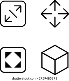 Set of four graphic design icons representing expansion direction zoom in and threedimensional cube isolated on transparent background