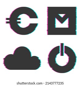 Set of four graphic elements. Spectacular icons with glitch effect. Different vector objects for web design, applications, graphic interface. Messages, cloud, currency, shutdown.