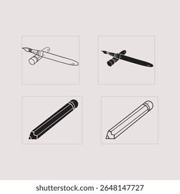 Um conjunto de quatro ícones gráficos com uma caneta-tinteiro e um lápis em ambos os estilos de contorno e silhueta preta sólida