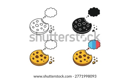 A set of four graphic illustrations featuring a bitten chocolate chip cookie with empty or colored thought bubbles. Ideal for concepts related to ideas, cravings, or creative thinking in food or advertising.