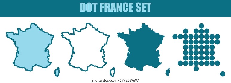 A set of four graphic representations of the country of France showcasing different stylistic approaches including solid fills outlines and a dotted pattern
