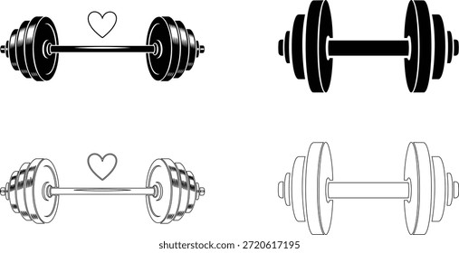 A set of four graphic representations of dumbbells. Two are solid black silhouettes, one features a heart shape between the weights, and the other two are outline or distressed style illustrations
