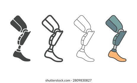 A set of four graphic representations of a prosthetic leg shown from the knee down in different styles