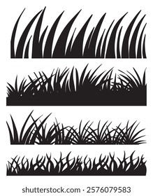 Set of four grass silhouettes vector isolated on white background. Collection of black tall grass clipart. Eco, natural illustration for concept design. Cartoon lines of plants and shrubs for framing 