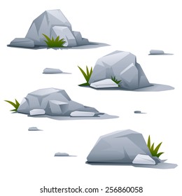 Set of four gray stones with small grass, landscape design elements, quality illustration, isolated