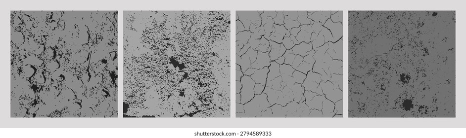 Set of four grayscale distressed textures including organic corrosion, granular specks, polygonal cracks, and fine spotted surfaces, abstract grunge backgrounds for overlays or design projects