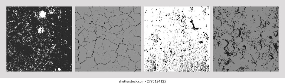 Set of four grayscale grunge textures including corroded patches, cracked mud, erosion speckles, and weathered surfaces, abstract distressed backgrounds for overlays, design, or material studies