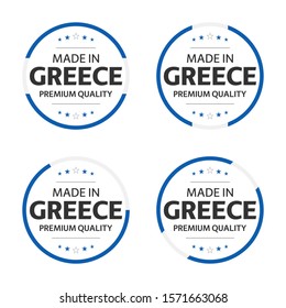 Set of four Greek icons, English title Made in Greece, premium quality stickers and symbols, internation labels with stars, simple vector illustration isolated on white background