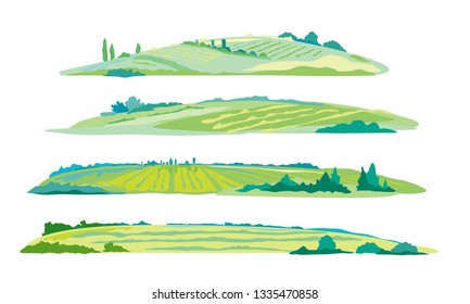 Set of four green agricultural fields, hills and meadows, summer countryside with green hills, rural landscape, agricultural land with crops and vineyards in simple colors stylization isolated