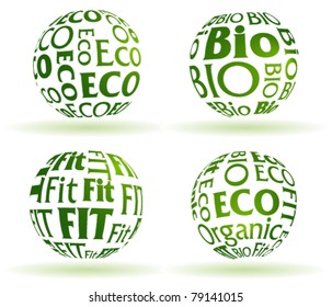 Set of four green balls made from words bio, fit, eco and organic