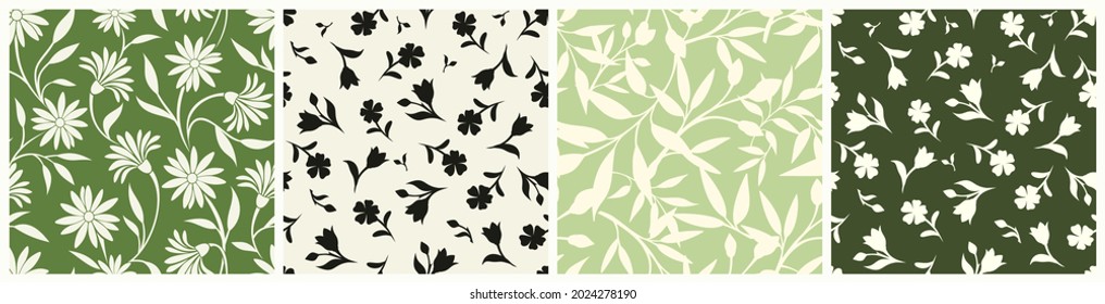 Set of four green and beige floral patterns with flowers and leaves. Vector seamless backgrounds.