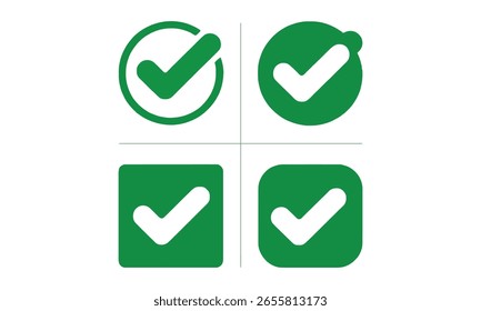 Conjunto de cuatro iconos de marca de verificación verde. Símbolos aprobados y comprobados. Formas circulares y cuadradas sobre un fondo blanco y limpio.