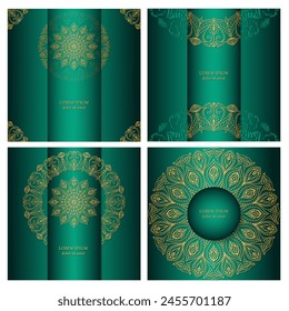 Set von vier grünen quadratischen Hintergründen mit einem goldenen Mandala. Ethnische Ornament in Karte, Cover, Einladungsdesign 