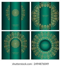 Set of four green coloured square backgrounds with a gold mandala. Ethnic ornament in lavish design of cards, invitations, packaging. 