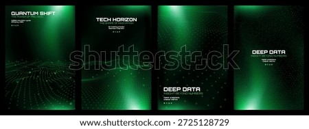 Set of four green digital tech backgrounds. Dark green abstract dotted wave and gradient design for technology concept.
