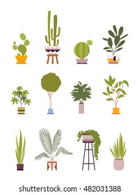 Set of four green floor plants in retro pots isolated against white background. Cartoon vector flat-style illustration