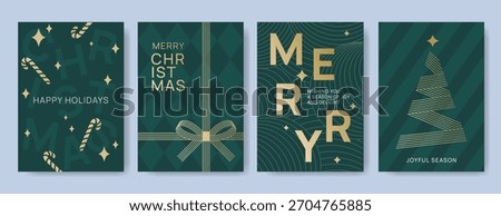 Set of four green and gold Christmas and holiday greeting card templates with candy cane, ribbon gift layout, and linear Christmas tree on striped backgrounds. Holiday season concept