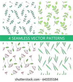 Set of four green leaves seamless minimalistic patterns