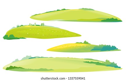 Set of four green meadows and glades, summer countryside with green hills, rural landscape, green grass land with flowers and bushes isolated