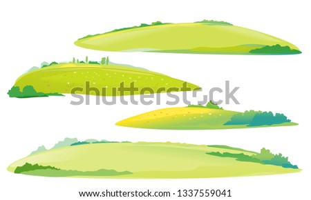 Set of four green meadows and glades, summer countryside with green hills, rural landscape, green grass land with flowers and bushes isolated