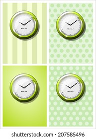 Set of four Green office clock on wall, wallpaper with polka dot pattern, light and dark striped texture. Time is ten hour and ten minute. vector art image illustration, isolated on white background