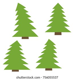 Set of four green pines on a white background. Vector illustration