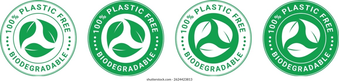 set of four green round badges with leaf symbols and text 100% plastic free biodegradable, used for eco-friendly packaging and product labeling	