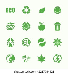 Set of four green solid natural eco icons. Healthy and ecology label stickers isolated on white background