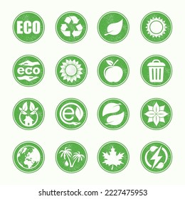 Set of four green solid and outline natural eco seals. Grunge healthy and ecology label stickers isolated on white background