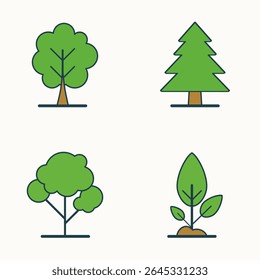 Conjunto de cuatro iconos de árbol verde con diferentes Formas y tamaños en estilo minimalista plano sobre fondo blanco