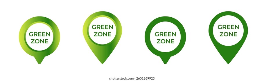 Set of four green zone markers in different shapes showing circular and drop pin designs in green.