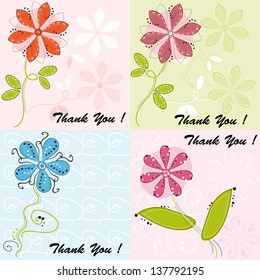 Set of four greeting cards with cute flowers