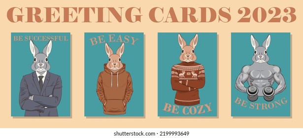 Set of four greeting cards with images of rabbits and wishes for 2023 in linart, pop art, retro style. New Year of the Rabbit. Rabbitin suit, hoodie, sweater, bodybuilder. Vector illustration.