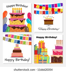 Set of four greeting cards with sweet cake for birthday celebration. Vector illustration
