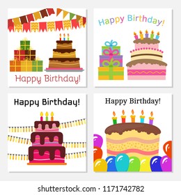 Set of four greeting cards with sweet cake for birthday celebration. Vector illustration
