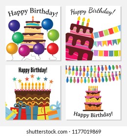 Set of four greeting cards with sweet cake for birthday celebration. Vector illustration
