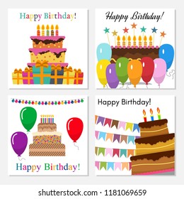Set of four greeting cards with sweet cake for birthday celebration. Vector illustration
