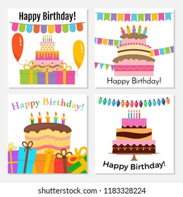 Set of four greeting cards with sweet cake for birthday celebration. Vector illustration
