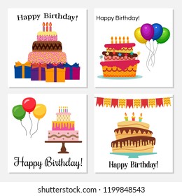 Set of four greeting cards with sweet cake for birthday celebration. Vector illustration
