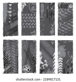 Set of four grey grunge banners with different tire track marks and sample text. Custom made transportation design elements for defferent sport competitions and invitations