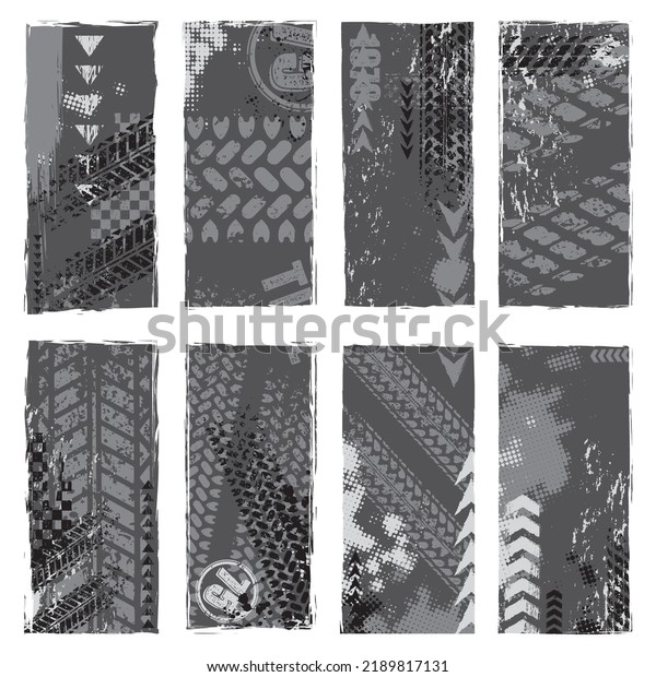 Set of four\
grey grunge banners with different tire track marks and sample\
text. Custom made transportation design elements for defferent\
sport competitions and\
invitations