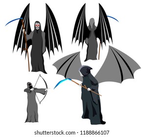 set of four grim Reapers with scythe and wings, instead of skull face, vector on white background