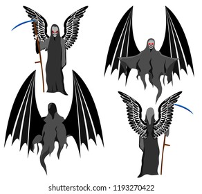 set of four grim Reapers with scythe and wings, instead of skull face, vector on white background