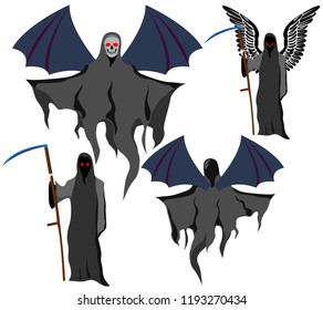 set of four grim Reapers with scythe and wings, instead of skull face, vector on white background